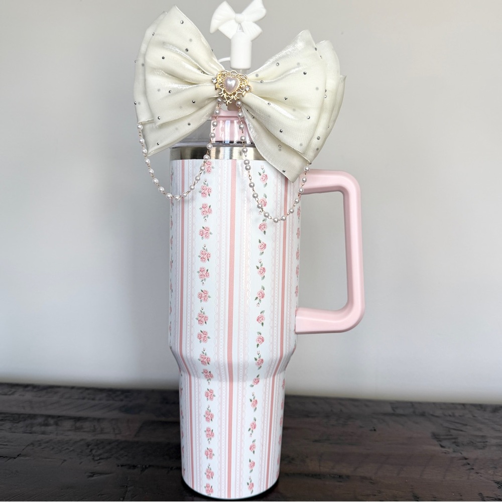 White & Pink Floral NWT Stainless Tumbler Bow & Pearl Accent & Straw Topper 40oz